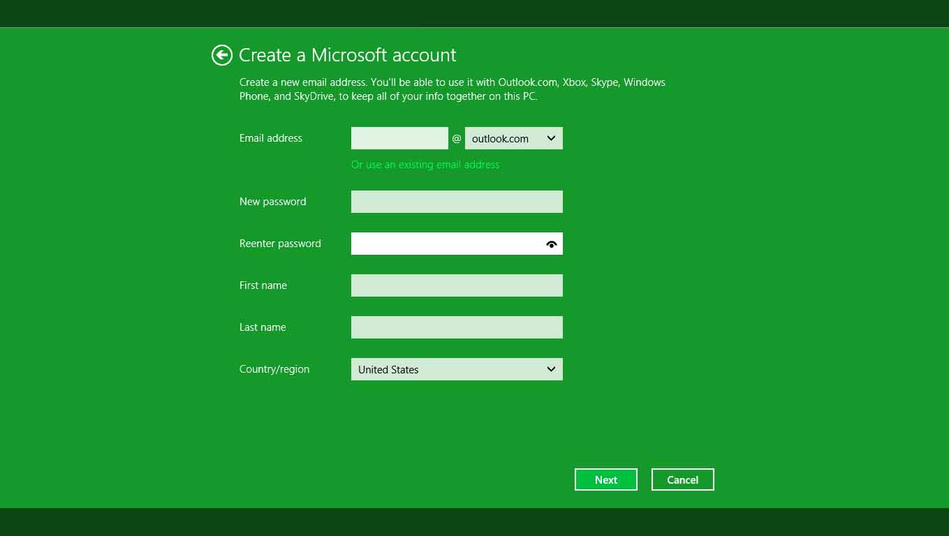 Microsoft account creation page